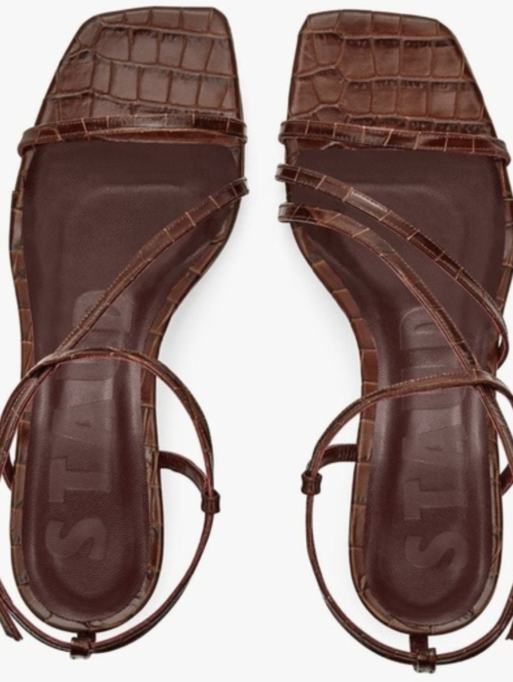 STAUD Brown Croc-Embossed Strappy Square-Toe Sandals